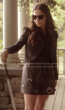 Jenna's embellished skirt and black cropped jacket on Pretty Little Liars