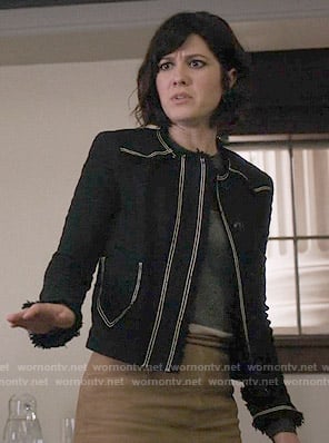 Laurel's black tweed jacket with white trim on BrainDead