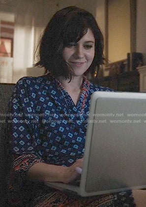 Laurel's blue tile printed robe on BrainDead