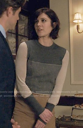 Laurel's grey colorblock sweater on BrainDead