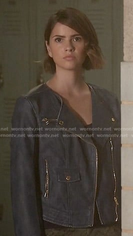 Malia's blue leather jacket and green printed cargo pants on Teen Wolf