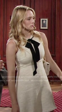 Summer's beige dress with frayed edges and black tie on The Young and the Restless