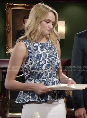 Summer's blue paisley print peplum top on The Young and the Restless