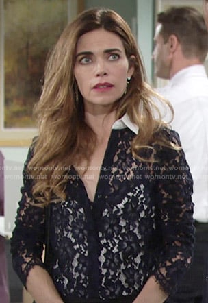 Victoria's navy lace shirt with white collar on The Young and the Restless