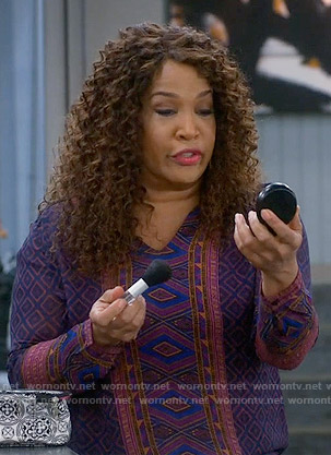 Yolanda's purple printed top on Young and Hungry