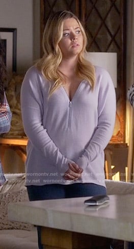 Ali's blue zip neck sweater on Pretty Little Liars