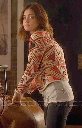Aria's red embroidered jacket and embellished tee on Pretty Little Liars
