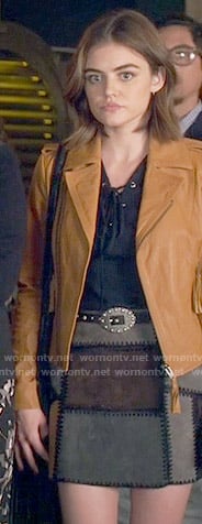 Aria's tan leather jacket and suede patchwork skirt on Pretty Little Liars