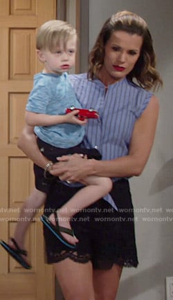 Chelsea's blue striped shirt and lace shorts on The Young and the Restless