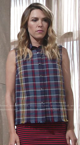 Chloe's sleeveless plaid shirt and red striped skirt on The Young and the Restless