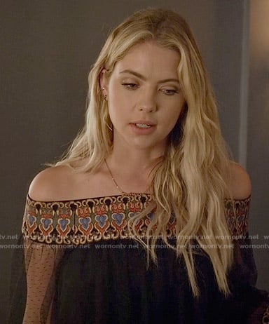 Hanna's black embroidered off-shoulder top on Pretty Little Liars