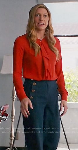 Josslyn's red ruffled front blouse and navy button front trousers on Mistresses