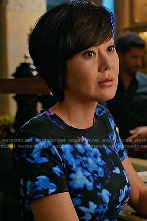 Karen's black and blue floral dress on Mistresses
