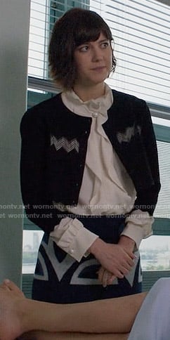 Laurel's ruffled pearl button blouse and patterned skirt on BrainDead
