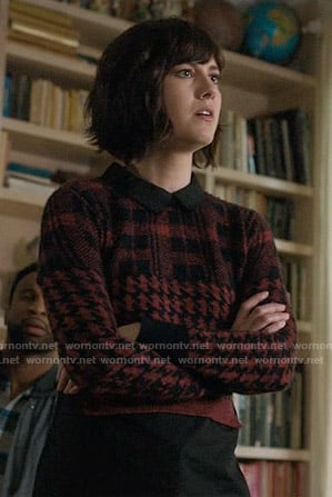 Laurel's red plaid and houndstooth sweater on BrainDead