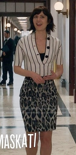 Laurel's striped top with black buttons and leopard print pencil skirt on BrainDead