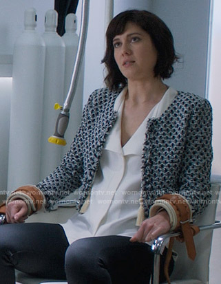 Laurel's white blouse and cropped tweed jacket on BrainDead