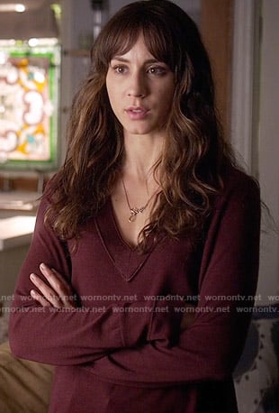 Spencer's burgundy v-neck sweater on Pretty Little Liars