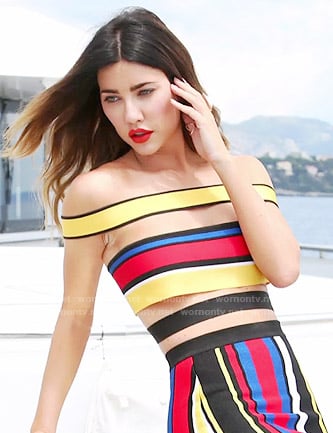 Steffy's striped off-shoulder crop top and skirt on The Bold and the Beautiful