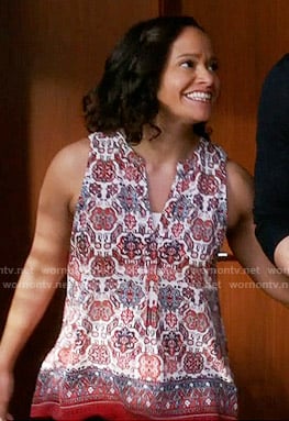 Zoila's red printed sleeveless top on Devious Maids