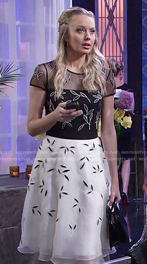 Abby's black and white leaf embroidered dress on The Young and the Restless
