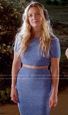 Chanel 3's blue crop top and skirt on Scream Queens
