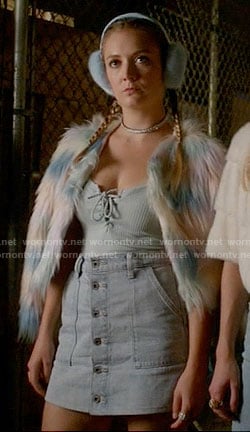 Chanel 3's multi colored fur jacket and denim skirt on Scream Queens