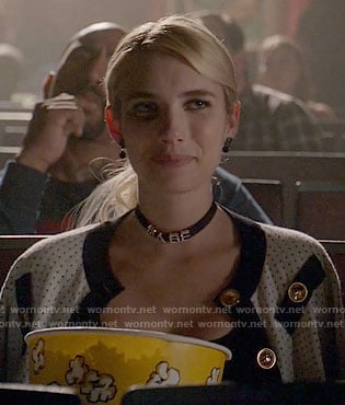 Chanel's white polka dot jacket and BABE choker on Scream Queens