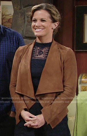 Chelsea's navy blue lace romper and tan suede jacket on The Young and the Restless