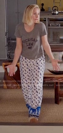 Eleanor's blue printed pajama pants on The Good Place