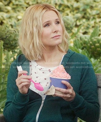 Eleanor's rose print tee and green hoodie on The Good Place