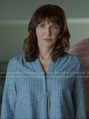 Gail's blue striped split neck top on The Last Man on Earth
