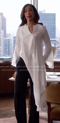 Jessica's long white asymmetrical blouse on Suits