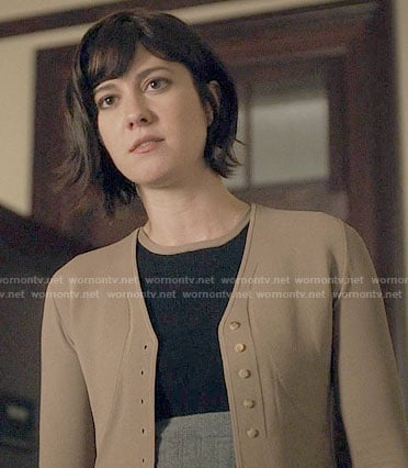 Laurel's light brown cropped cardigan on BrainDead
