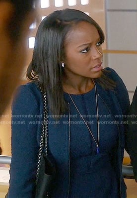 Michaela's navy tweed zip up jacket and dress on How to Get Away with Murder