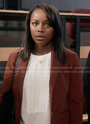 Michaela's white scalloped detail top on How to Get Away with Murder