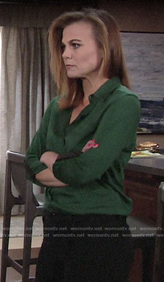 Phyllis's green button down blouse with black leather details on The Young and the Restless