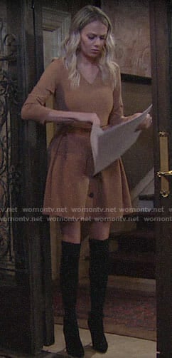 Abby's camel button-front skirt and top on The Young and the Restless