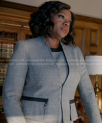 Annalise's grey jacket and dress with black trim on How to Get Away with Murder