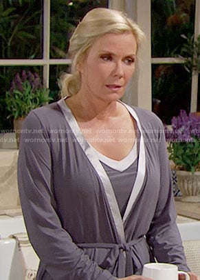 Brooke's grey satin trim top and robe on The Bold and the Beautiful