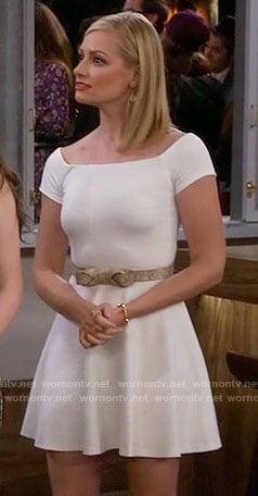 Caroline's white off-shoulder dress on 2 Broke Girls