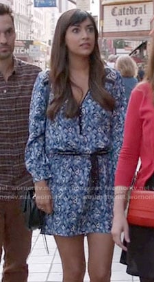 Cece's blue paisley printed long sleeve dress on New Girl
