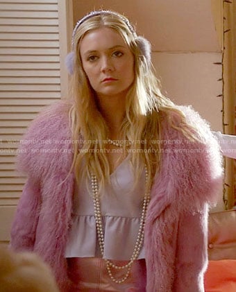 Chanel 3's purple ruffled crop top and pink fur coat on Scream Queens
