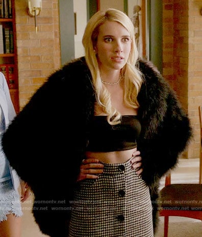 Chanel's houndstooth button front skirt and bandeau top on Scream Queens
