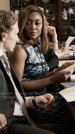 Daisy's blue textured print dress on Madam Secretary