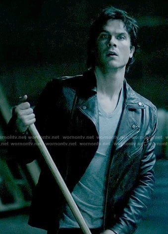 Damon's leather moto jacket on The Vampire Diaries