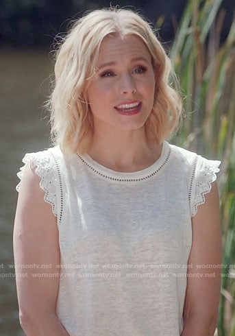 Eleanor's white eyelet trim top on The Good Place