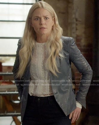 Emma's white embroidered top and blue leather jacket on Once Upon a Time