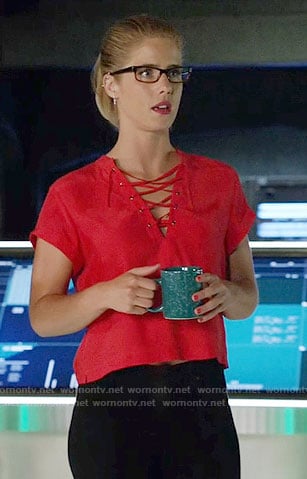 Felicity's red lace-up top on Arrow