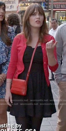 Jess's black romper and red cardigan on New Girl